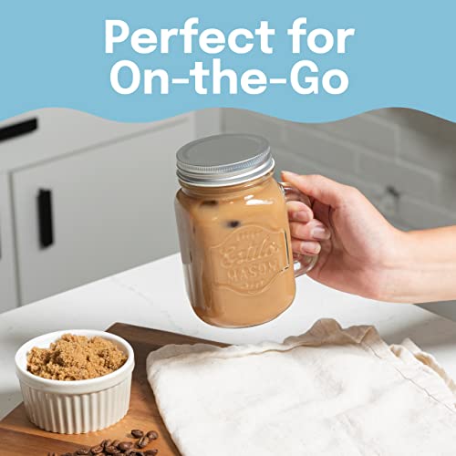 Estilo Mason Jar, 16 oz, Set of 6, Glass Drinking Cups with Handles, Tin Lids, Overnight Oats Jars, Smoothie Cups - Image 5