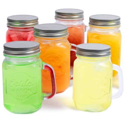 Estilo Mason Jar, 16 oz, Set of 6, Glass Drinking Cups with Handles, Tin Lids, Overnight Oats Jars, Smoothie Cups - Image 1