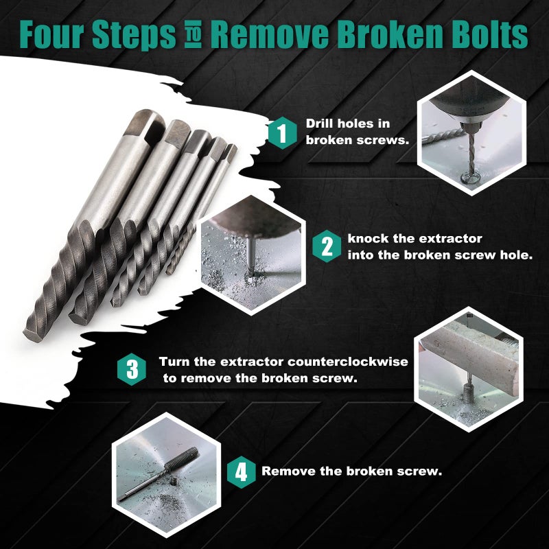 COMOWARE 10pcs Screw Extractor, Broken Bolt Extractor Kit, Left Hand Drill Bit Set, Cobalt Steel, 5pcs Left Handed Drill Bits (5/64" - 19/64") & 5pcs Easy Out Screw Extractor Set (#1 - #5) - Image 3