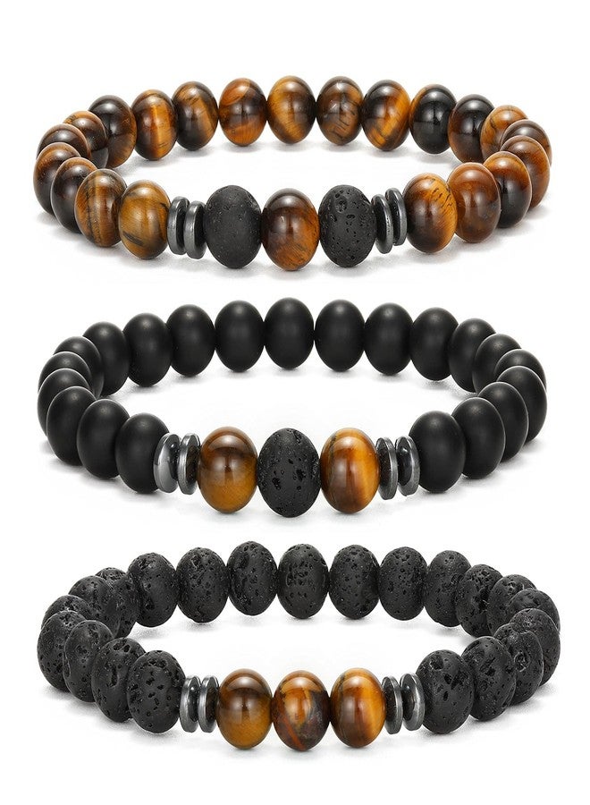 MengPa Mens Beaded Bracelets Couples Matching Bracelet Set Tiger Eye Matte Lava Rock Beads for Women Stone Jewelry (Brown Tiger Eye US4543C) - Image 1