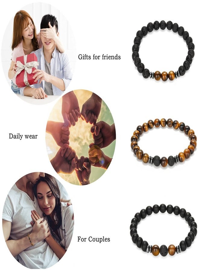 MengPa Mens Beaded Bracelets Couples Matching Bracelet Set Tiger Eye Matte Lava Rock Beads for Women Stone Jewelry (Brown Tiger Eye US4543C) - Image 2