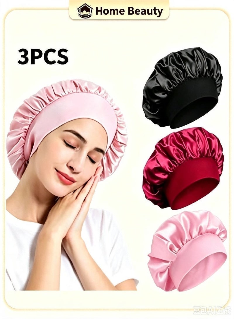 3Pcs Oversize Silk Satin Hair Bonnet for Sleeping, Sleep Bonnet with Elastic Soft Band, Sleep Bonnet Sleep Cap for Hair Curly Hair Sleeping Natural Hair - Image 1