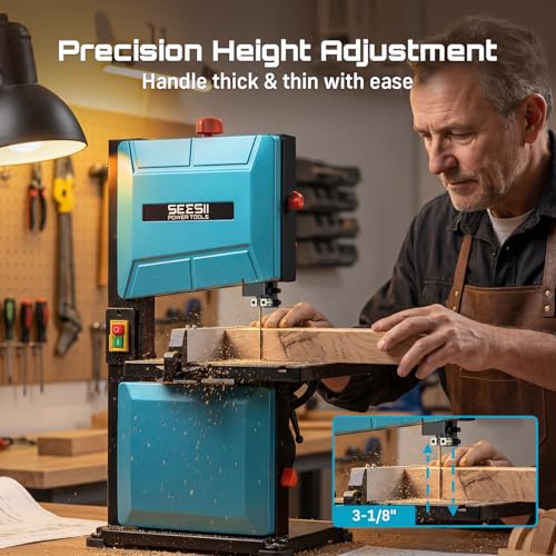 SEESII Benchtop Band Saw for Woodworking: 3A-120V Bandsaw with 8" Cutting Width, Max 3-1/8" Cutting Height, Band Saws with 0-45° Tilting Worktable&Miter Gauge&Double-Sided Fence for Detailed Woodwork - Image 4
