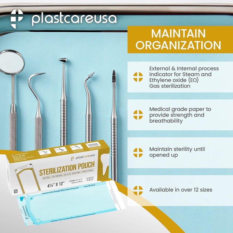 PlastCare USA Store 200 4.25" x 12" Self Sterilization Autoclave Pouches for Cleaning Tools, Sterilizer Bags for Tattoo, Dental Pouch for Dentist Tools, Paper/Blue Film - Image 4