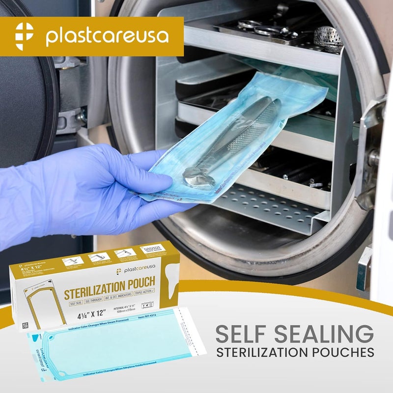 PlastCare USA Store 200 4.25" x 12" Self Sterilization Autoclave Pouches for Cleaning Tools, Sterilizer Bags for Tattoo, Dental Pouch for Dentist Tools, Paper/Blue Film - Image 2