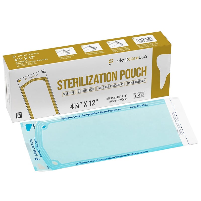 PlastCare USA Store 200 4.25" x 12" Self Sterilization Autoclave Pouches for Cleaning Tools, Sterilizer Bags for Tattoo, Dental Pouch for Dentist Tools, Paper/Blue Film - Image 1