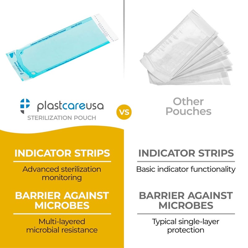 PlastCare USA Store 200 4.25" x 12" Self Sterilization Autoclave Pouches for Cleaning Tools, Sterilizer Bags for Tattoo, Dental Pouch for Dentist Tools, Paper/Blue Film - Image 3