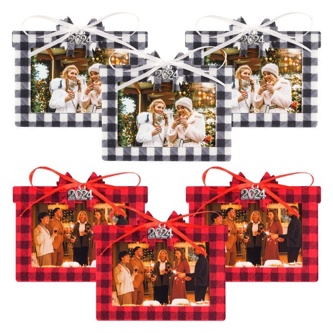 Christmas Felt Buffalo Plaid Photo Frame Ornament Pendant CharmsHanging Ornament for Christmas Tree Hanging Decoration with Photo Protective FilmDIY Decorations6 Pcs