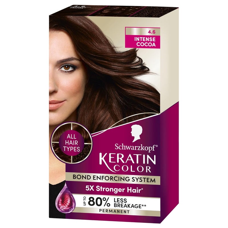 Schwarzkopf Keratin Color Permanent Hair Color 46 Intense Cocoa 1 Application  Salon Inspired Permanent Hair Dye for up to 80 Less Breakage vs Untreated Hair and up to 100 Gray Coverage
