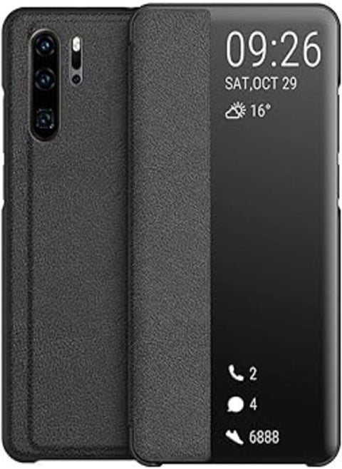ELMO3EZZELMO3EZZ Huawei P30 Pro Case, Protective Leather Case with Smart View Window, Flip Cover with Stand Function Flip Case for Huawei P30 Pro 6.47 Inches – Black