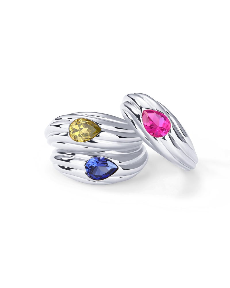 PAVOI Rhodium Plated Chunky Colored Gemstones Statement Ring for Women | Pear Cubic Zirconia Stackable Wave Texture Bands | Blue CZ Ring (Size 8) - Image 5