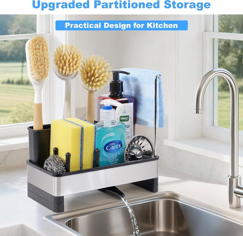 Ouletoy Sponge Holder for Kitchen Sink Caddy with Detachable Dish Brush Holder, Stainless Steel Bathroom Countertop Sink Organizer and Storage for Dishcloth and Soap Dispenser, Rustproof Drain Rack - Image 2