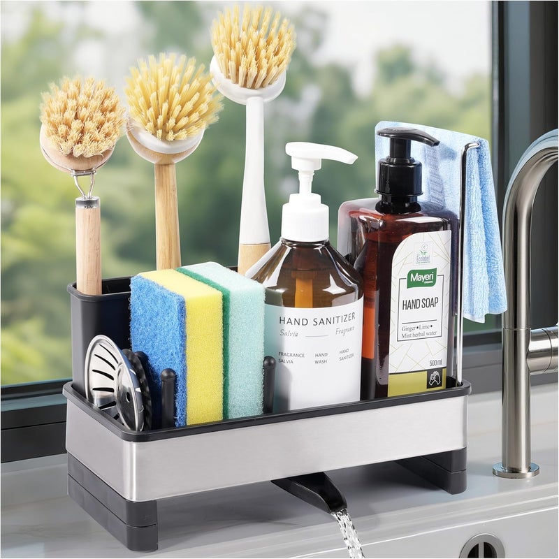 Ouletoy Sponge Holder for Kitchen Sink Caddy with Detachable Dish Brush Holder, Stainless Steel Bathroom Countertop Sink Organizer and Storage for Dishcloth and Soap Dispenser, Rustproof Drain Rack - Image 1