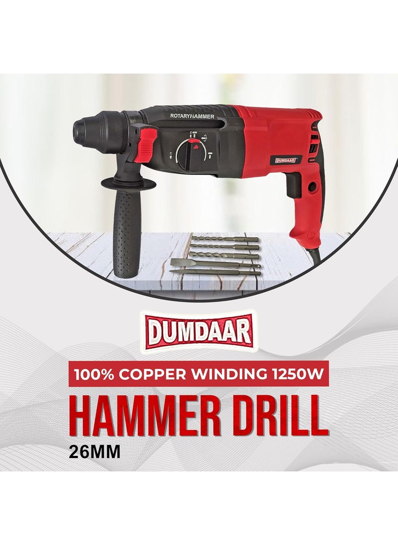 Inditrust Inditrust DUMDAAR DM26 1250W 26mm hammer drill with SDS drill bits and chisels RED 100 Copper Winding  - Image 2