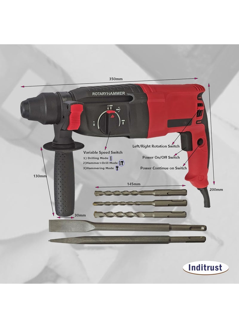 Inditrust Inditrust DUMDAAR DM26 1250W 26mm hammer drill with SDS drill bits and chisels RED 100 Copper Winding  - Image 3