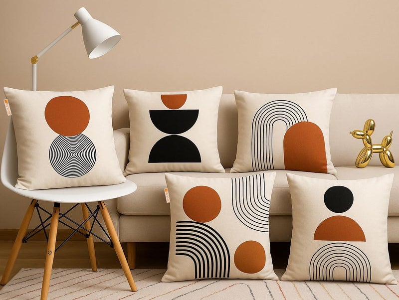 Urvaan Set of 5 Jute Boho Geometric Cushion Covers, 16 x 16 Inch, Beige Multicolour - Image 5