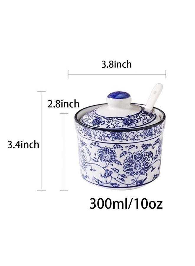 123Arts Ceramic Blue and White Sugar Bowl Spice Jar with Lid Spoon Seasoning Pot - Image 2