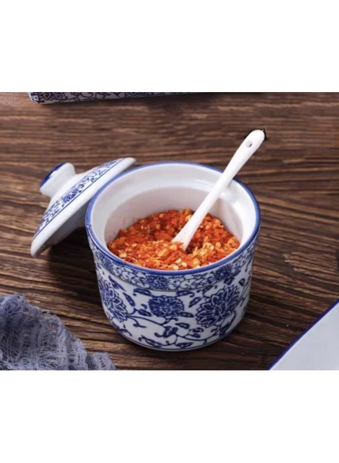 123Arts Ceramic Blue and White Sugar Bowl Spice Jar with Lid Spoon Seasoning Pot - Image 3
