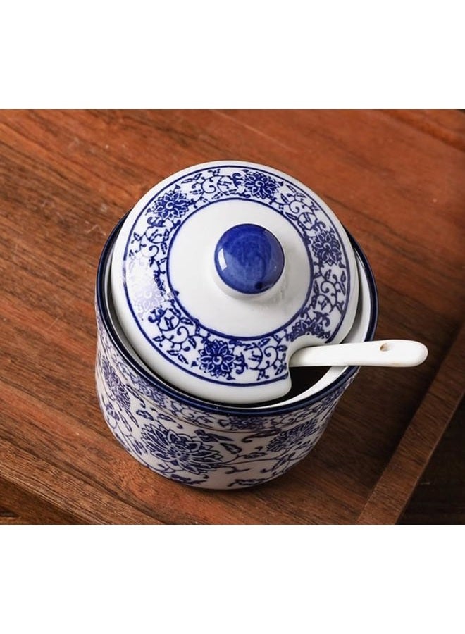 123Arts Ceramic Blue and White Sugar Bowl Spice Jar with Lid Spoon Seasoning Pot - Image 4