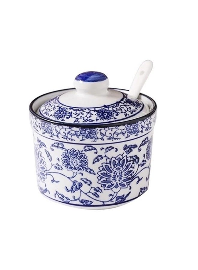 123Arts Ceramic Blue and White Sugar Bowl Spice Jar with Lid Spoon Seasoning Pot - Image 1