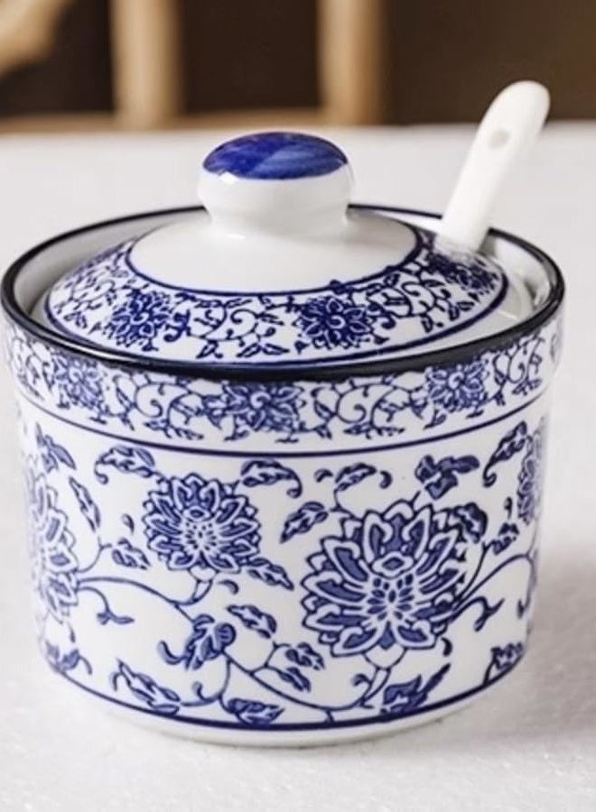 123Arts Ceramic Blue and White Sugar Bowl Spice Jar with Lid Spoon Seasoning Pot - Image 5