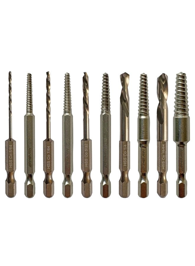 NordWolf 10-Piece Cobalt Stubby Left Hand Reverse Drill Bit and Screw Extractor Set, Integral 1/4" Hex Shank, Easy Out Screw Extractor Set Remove Damaged Broken Bolts and Screws - Image 1