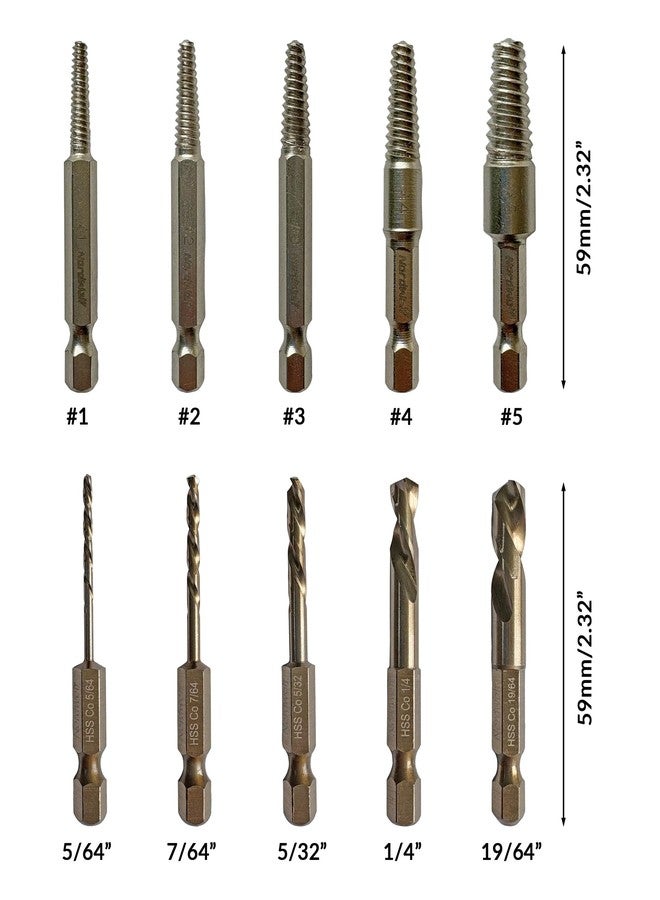 NordWolf 10-Piece Cobalt Stubby Left Hand Reverse Drill Bit and Screw Extractor Set, Integral 1/4" Hex Shank, Easy Out Screw Extractor Set Remove Damaged Broken Bolts and Screws - Image 5