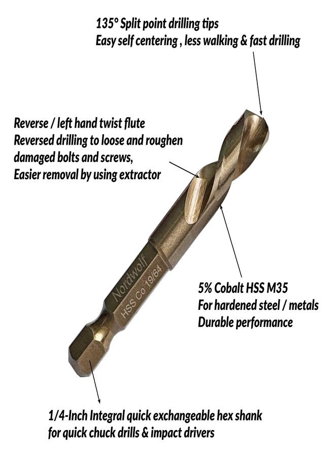NordWolf 10-Piece Cobalt Stubby Left Hand Reverse Drill Bit and Screw Extractor Set, Integral 1/4" Hex Shank, Easy Out Screw Extractor Set Remove Damaged Broken Bolts and Screws - Image 3