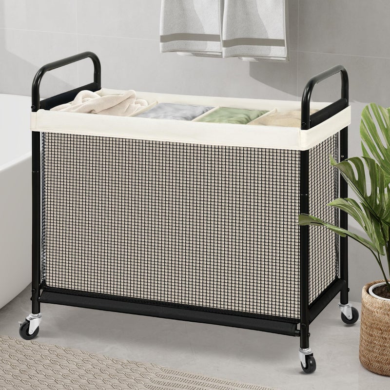 STO STO Laundry Hamper 4 Section, 140L Rolling Laundry Sorter Cart with Removable and Washable Liner Bag, Clothes Hamper with Wheels and Metal Handle for Laundry Room and Bedroom, Beige - Image 3
