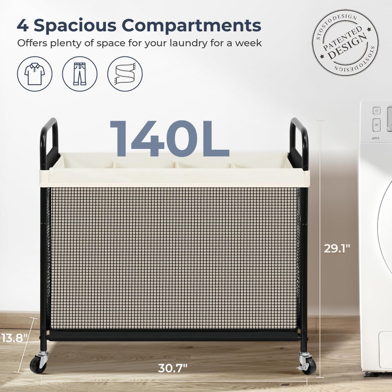 STO STO Laundry Hamper 4 Section, 140L Rolling Laundry Sorter Cart with Removable and Washable Liner Bag, Clothes Hamper with Wheels and Metal Handle for Laundry Room and Bedroom, Beige - Image 5