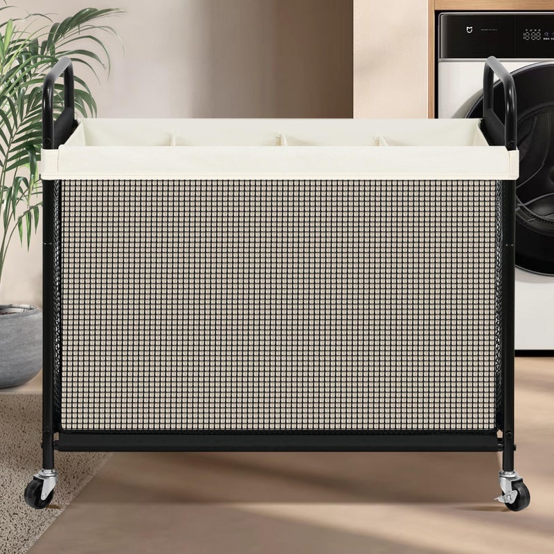 STO STO Laundry Hamper 4 Section, 140L Rolling Laundry Sorter Cart with Removable and Washable Liner Bag, Clothes Hamper with Wheels and Metal Handle for Laundry Room and Bedroom, Beige - Image 2
