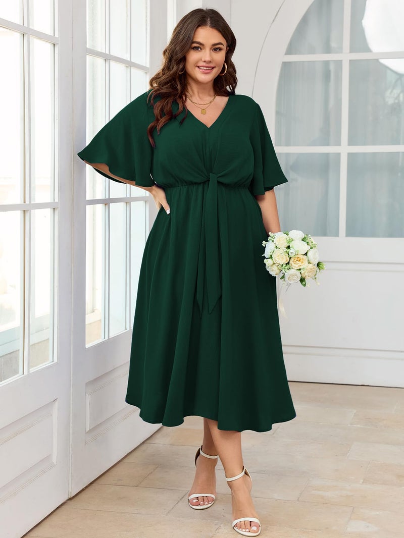 SCOMCHIC Women Plus Size Midi Dresses Wedding Guest Short Sleeve V Neck Tie Waist Casual Summer Flowy A Line Dress Emerald Green - Image 2