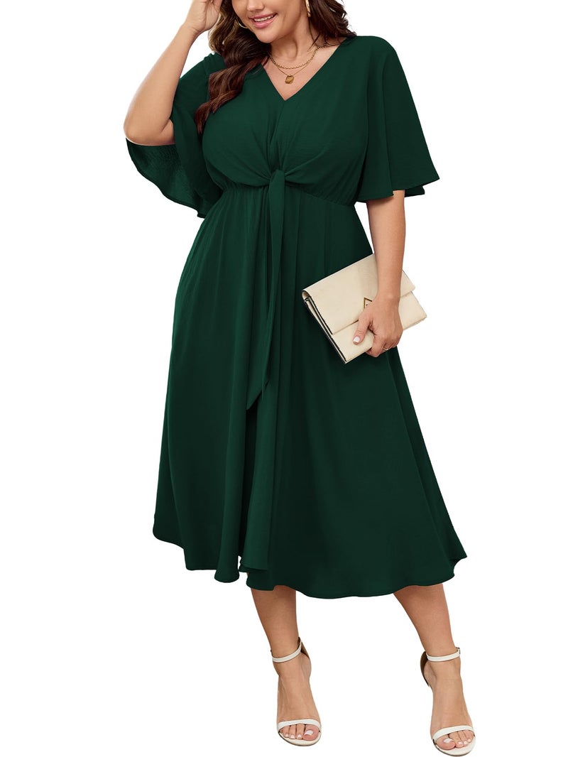 SCOMCHIC Women Plus Size Midi Dresses Wedding Guest Short Sleeve V Neck Tie Waist Casual Summer Flowy A Line Dress Emerald Green - Image 1
