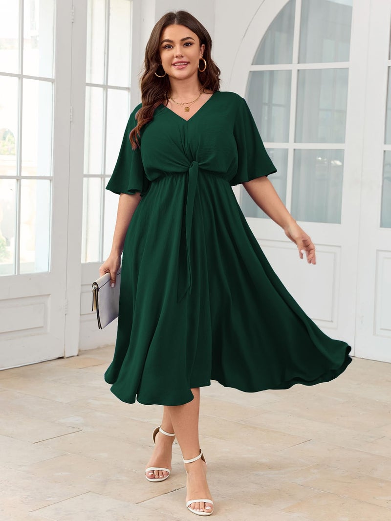 SCOMCHIC Women Plus Size Midi Dresses Wedding Guest Short Sleeve V Neck Tie Waist Casual Summer Flowy A Line Dress Emerald Green - Image 5