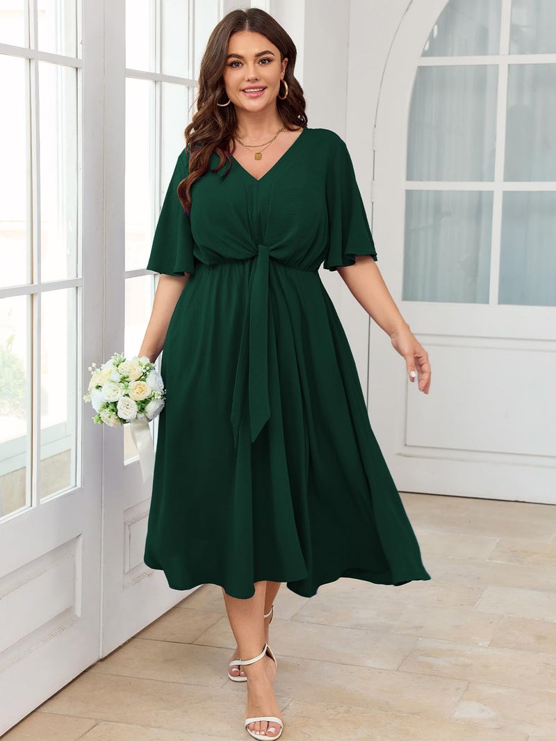 SCOMCHIC Women Plus Size Midi Dresses Wedding Guest Short Sleeve V Neck Tie Waist Casual Summer Flowy A Line Dress Emerald Green - Image 3