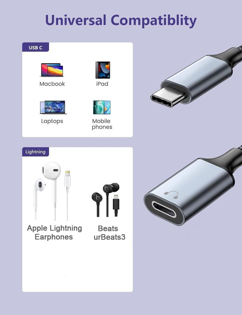 LecLooc كابل محول صوت USB C إلى Lightning، ذكر USB Type C إلى أنثى Lightning HiFi، محول سماعات الرأس متوافق مع iPhone 16 15، iPad Pro Air، MacBook، Galaxy S23 S22، Pixel 7 6 (لا يمكن الشحن والمزامنة) - Image 2