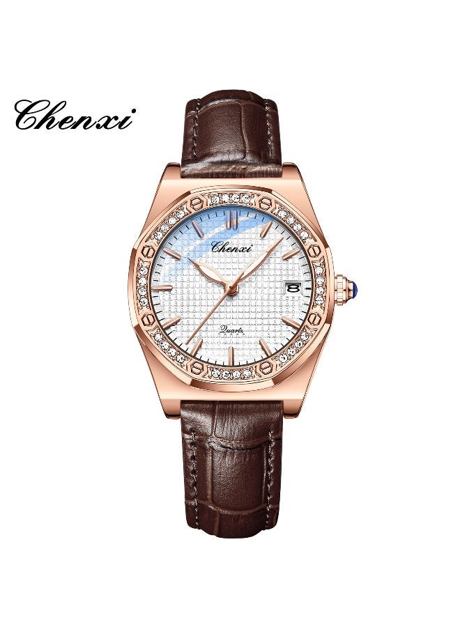 Chenxi Women’s Quartz Wrist Watch with Luxury Diamond-Studded Design, Water Resistant, Scratch-Resistant Glass, Leather Strap with Elegant Box - Image 1