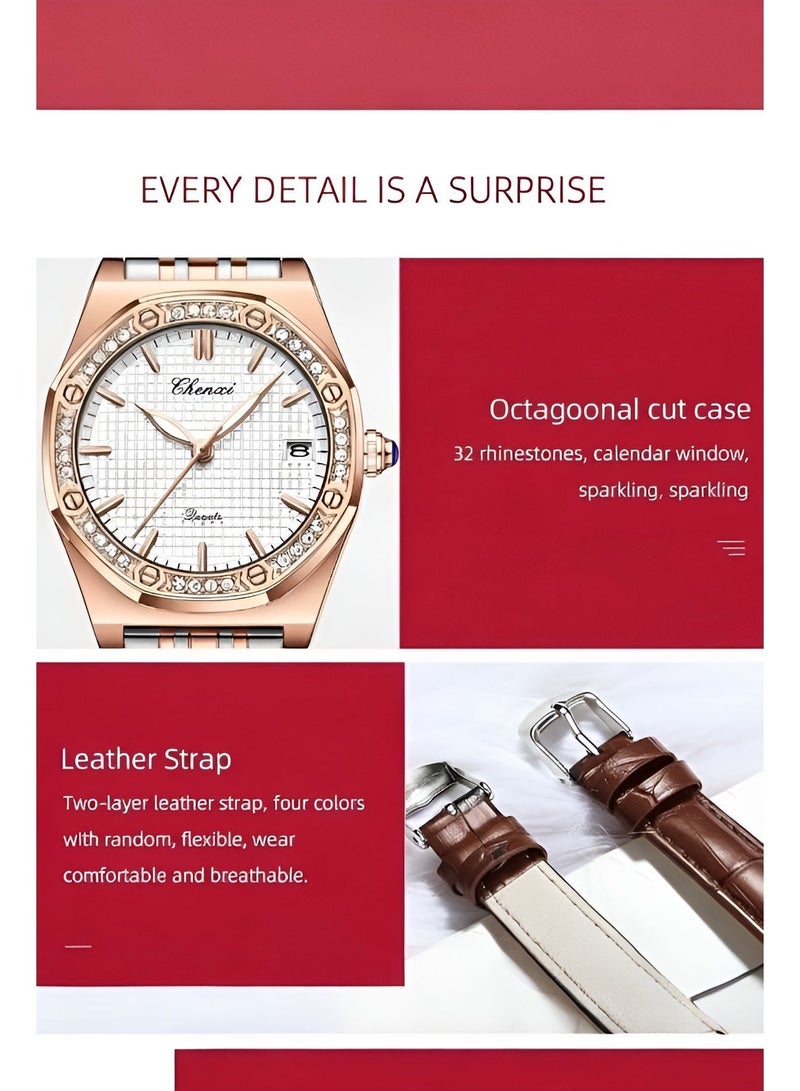 Chenxi Women’s Quartz Wrist Watch with Luxury Diamond-Studded Design, Water Resistant, Scratch-Resistant Glass, Leather Strap with Elegant Box - Image 4