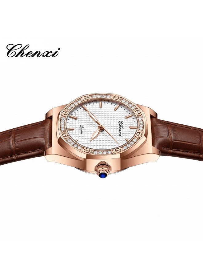 Chenxi Women’s Quartz Wrist Watch with Luxury Diamond-Studded Design, Water Resistant, Scratch-Resistant Glass, Leather Strap with Elegant Box - Image 3