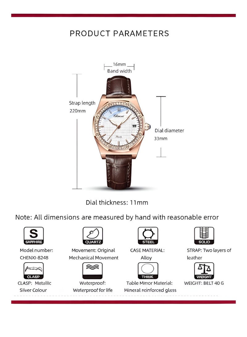 Chenxi Women’s Quartz Wrist Watch with Luxury Diamond-Studded Design, Water Resistant, Scratch-Resistant Glass, Leather Strap with Elegant Box - Image 5