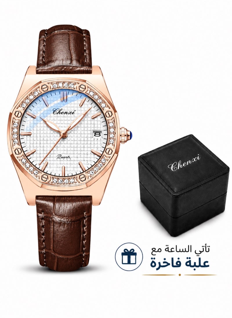Chenxi Women’s Quartz Wrist Watch with Luxury Diamond-Studded Design, Water Resistant, Scratch-Resistant Glass, Leather Strap with Elegant Box - Image 1