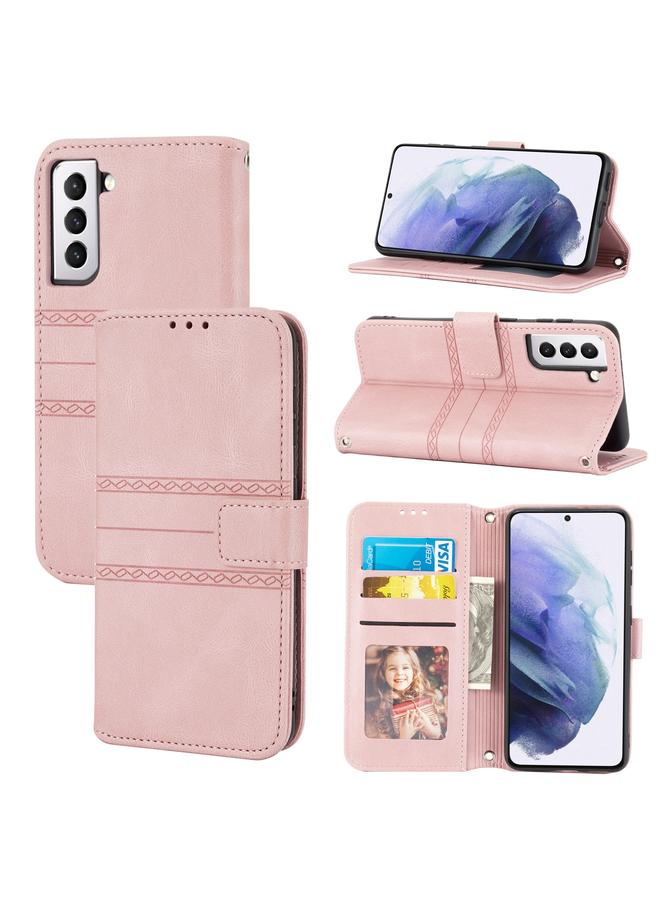 اس-توب جراب لهاتف Samsung Galaxy S21 5G من الجلد الصناعي PU + TPU بتصميم مخطط منقوش مع مشبك مغناطيسي مع حامل وفتحة بطاقة ومحفظة وإطار صورة وحزام - Image 1