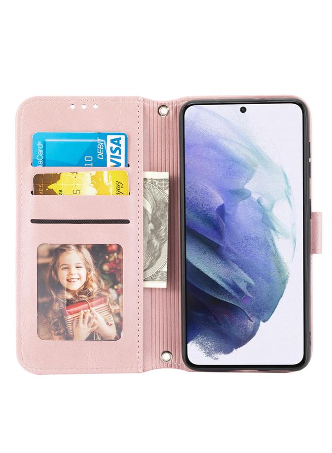 اس-توب جراب لهاتف Samsung Galaxy S21 5G من الجلد الصناعي PU + TPU بتصميم مخطط منقوش مع مشبك مغناطيسي مع حامل وفتحة بطاقة ومحفظة وإطار صورة وحزام - Image 4