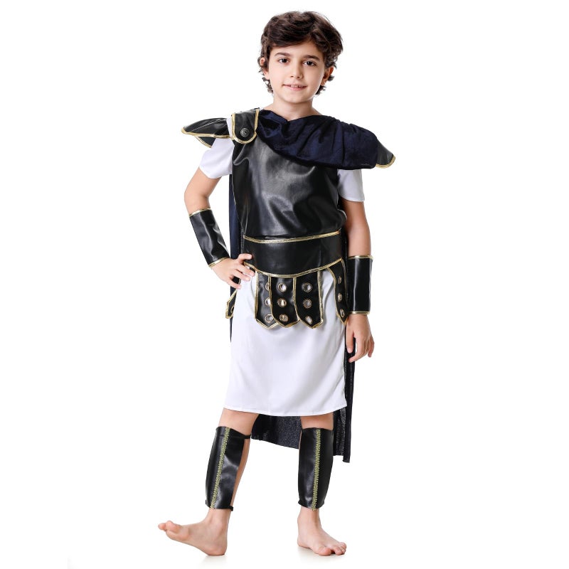 maxToonrain Gladiator Costume for Kids Centurion Roman Soldier Outfit Viking Medieval Greek Historical Theme Role Playing Party - Includes Tunic, Armour, Cape, Arm and Leg Guards (Black, 9-10 Year) - Image 2