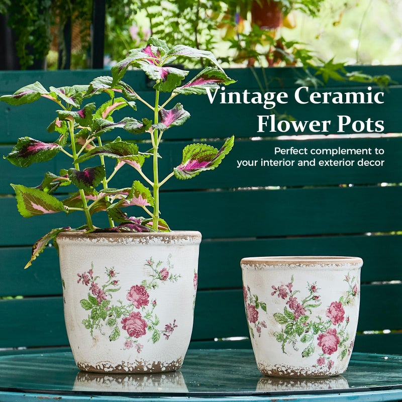 Teweiqi Vintage Ceramic Planter with Drainage Hole, Plastic Tray & Mesh, 6.5 Inch - Indoor/Outdoor Flower Pot, Pink Floral Rustic Farmhouse Design Plant pot for Home, Office & Garden DÃ©cor, Ideal Gift - Image 3