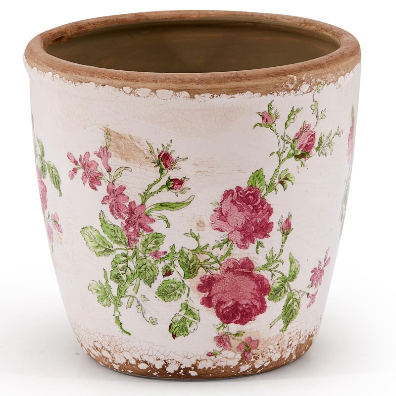 Teweiqi Vintage Ceramic Planter with Drainage Hole, Plastic Tray & Mesh, 6.5 Inch - Indoor/Outdoor Flower Pot, Pink Floral Rustic Farmhouse Design Plant pot for Home, Office & Garden DÃ©cor, Ideal Gift - Image 1