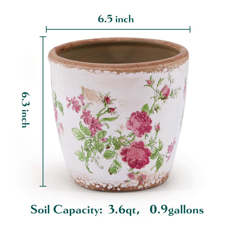 Teweiqi Vintage Ceramic Planter with Drainage Hole, Plastic Tray & Mesh, 6.5 Inch - Indoor/Outdoor Flower Pot, Pink Floral Rustic Farmhouse Design Plant pot for Home, Office & Garden DÃ©cor, Ideal Gift - Image 5
