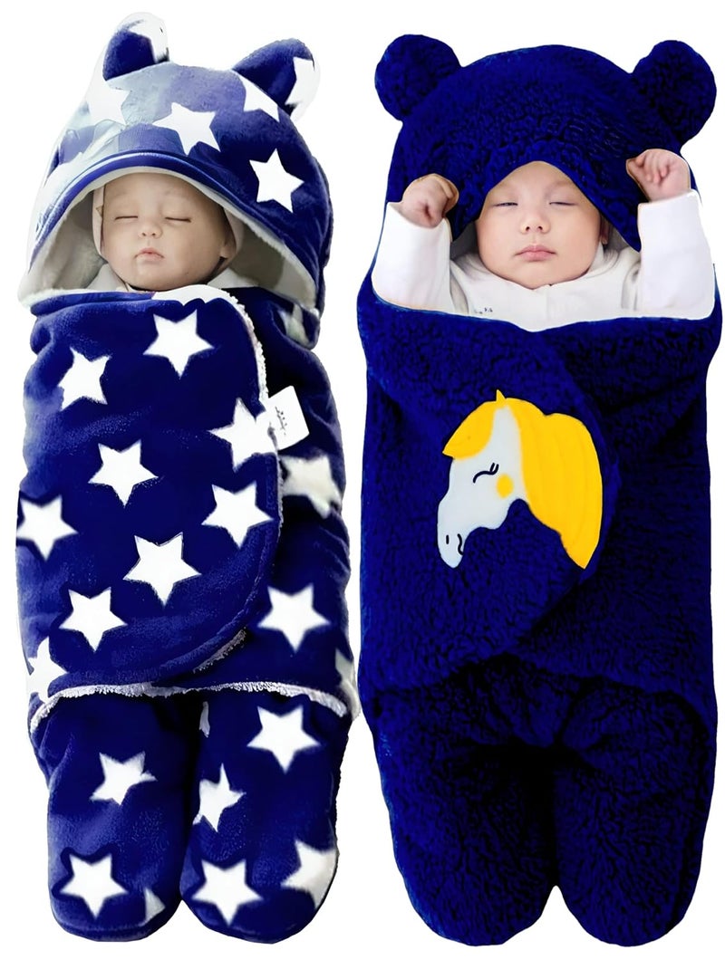 Brandonn BRANDONN Baby Blankets New Born Combo Pack of Wearable Super Soft Baby Wrapper Baby Sleeping Bag for Baby Boys/Girls (76cm x 70cm, 1-6 Months, Pack of 2 Pcs, Fur, navy blue, lightweight  - Image 1