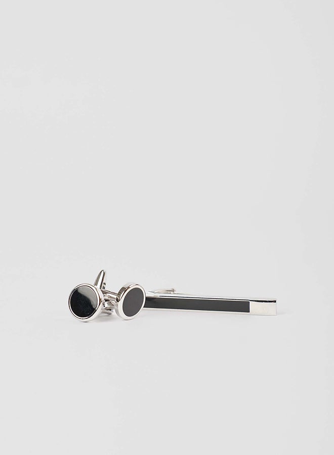 Dalydress Men Tie Clip + Cuff-Link Set Silver/Black - Image 2