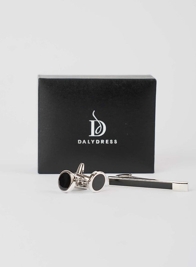 Dalydress Men Tie Clip + Cuff-Link Set Silver/Black - Image 1